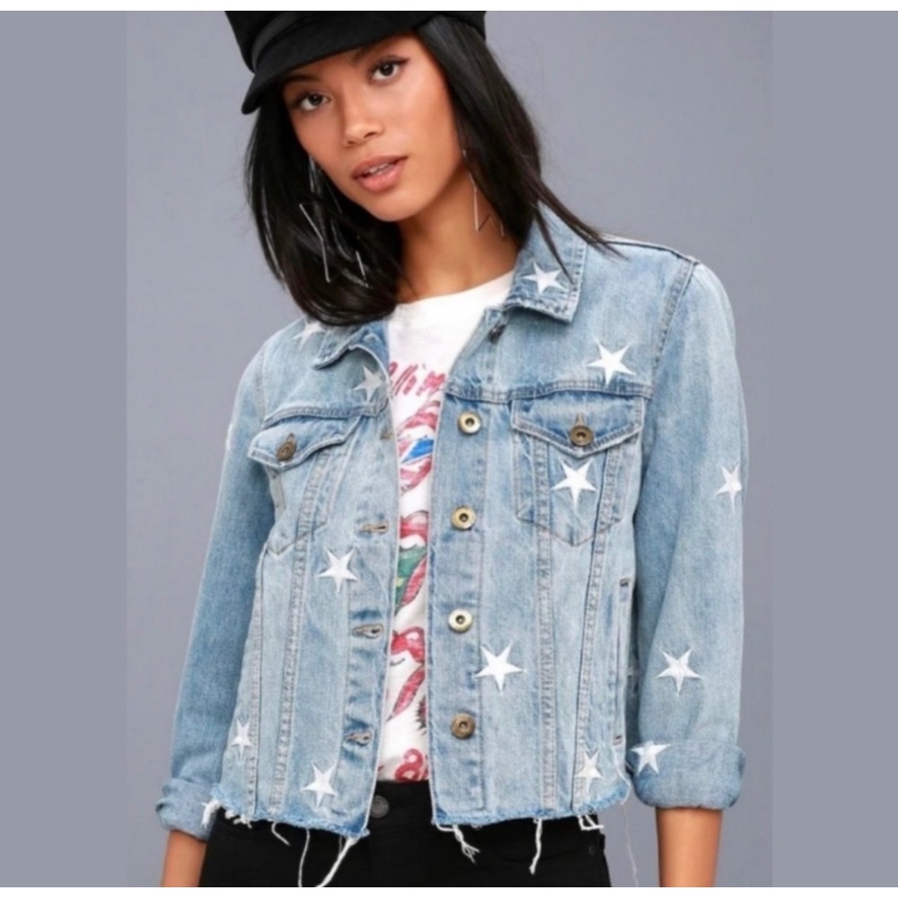 Pistola Star Embroidered Cropped Denim Jacket Light Wash Raw Hem XS